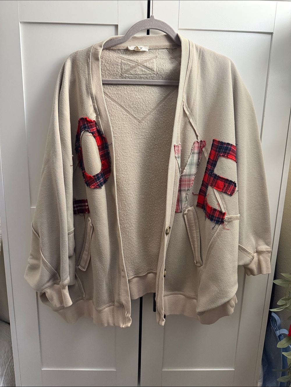 Cream Button-Front Cardigan with Red Plaid 'LOVE' Patches